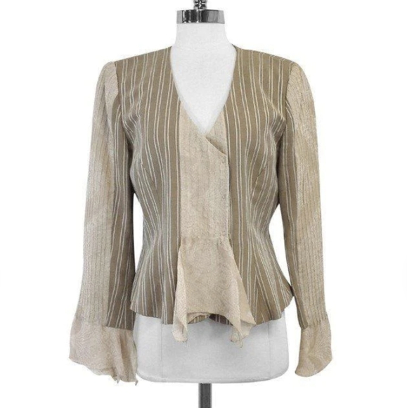 Armani Collezioni - Tan & White Pin Striped Linen & Silk Jacket Sz 14 - Picture 2 of 9